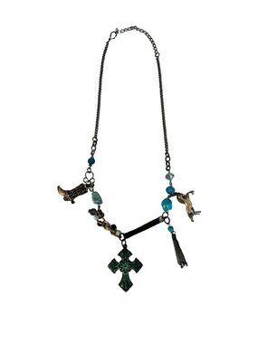 Vintage Charm Necklace Cross Boot Horse Tassel Blue Bead Mixed Metal Statement N